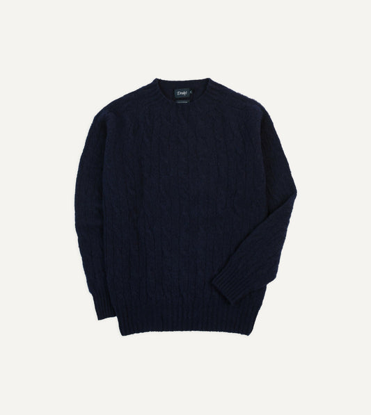 Drake's Navy Brushed Cable Knit Shetland Crew Neck Jumper