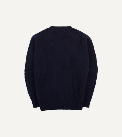 Drake's Navy Brushed Cable Knit Shetland Crew Neck Jumper