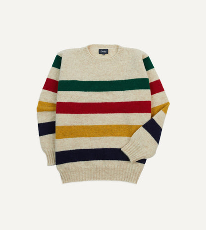 Drake's Ecru Multi Thick Stripe Brushed Shetland Crew Neck Jumper