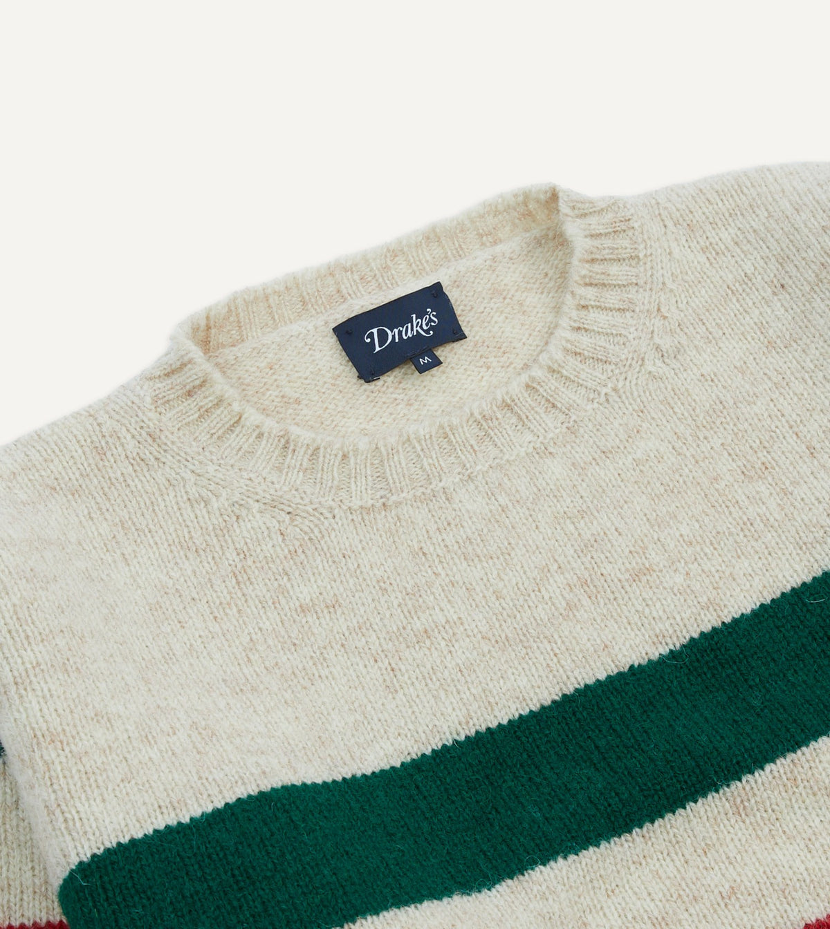 Drake's Ecru Multi Thick Stripe Brushed Shetland Crew Neck Jumper