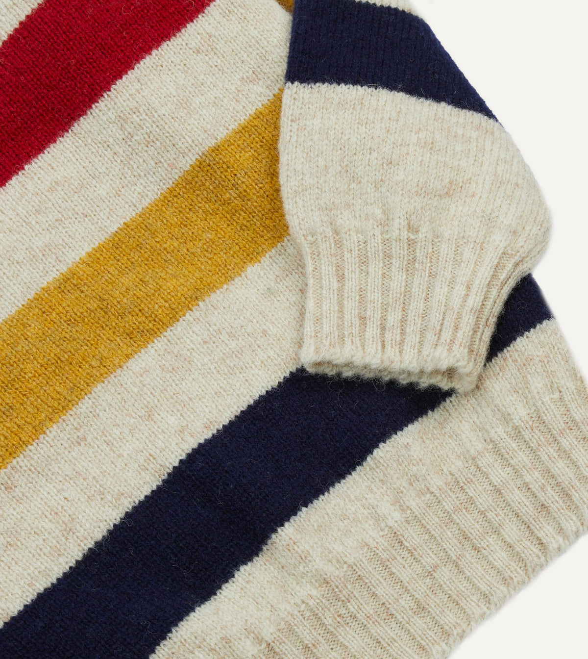 Drake's Ecru Multi Thick Stripe Brushed Shetland Crew Neck Jumper