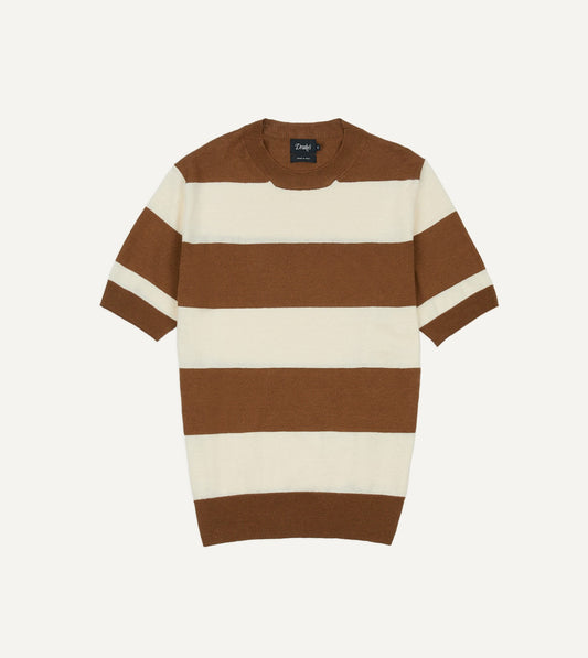Drake's Ecru and Tobacco Stripe Crew Neck Knitted T-Shirt