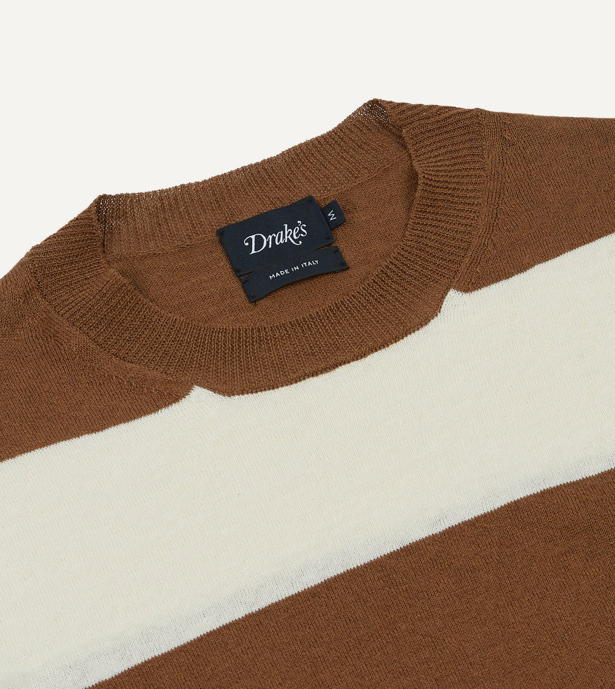 Drake's Ecru and Tobacco Stripe Crew Neck Knitted T-Shirt