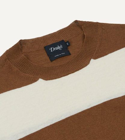 Drake's Ecru and Tobacco Stripe Crew Neck Knitted T-Shirt