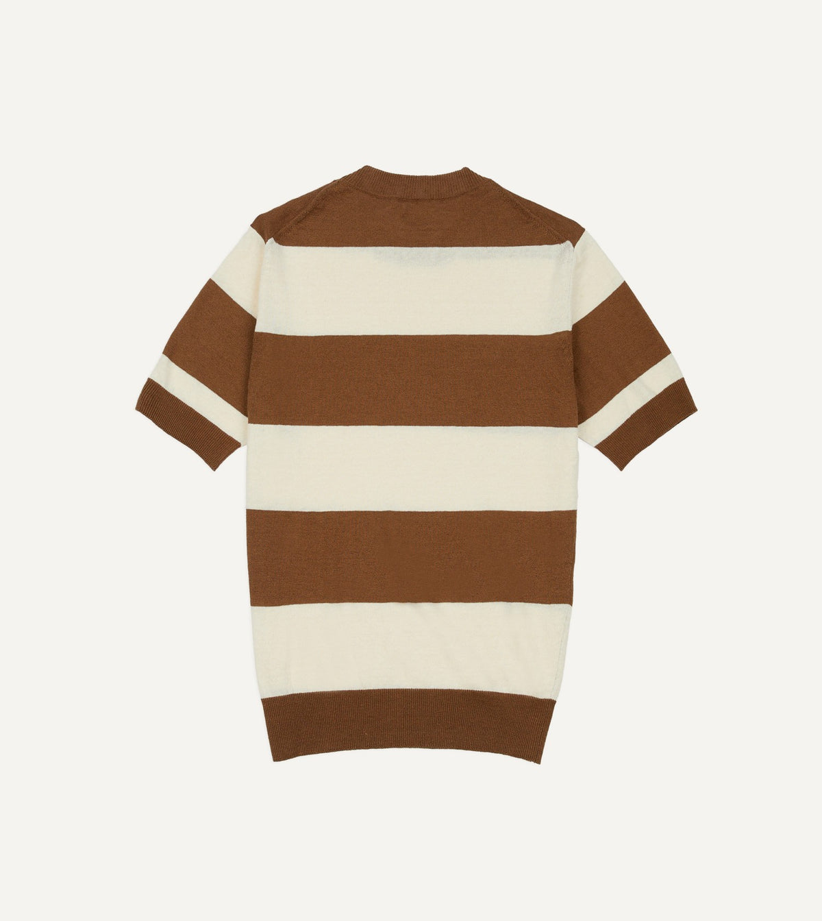 Drake's Ecru and Tobacco Stripe Crew Neck Knitted T-Shirt