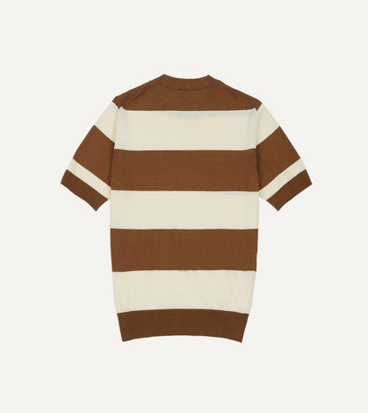 Drake's Ecru and Tobacco Stripe Crew Neck Knitted T-Shirt