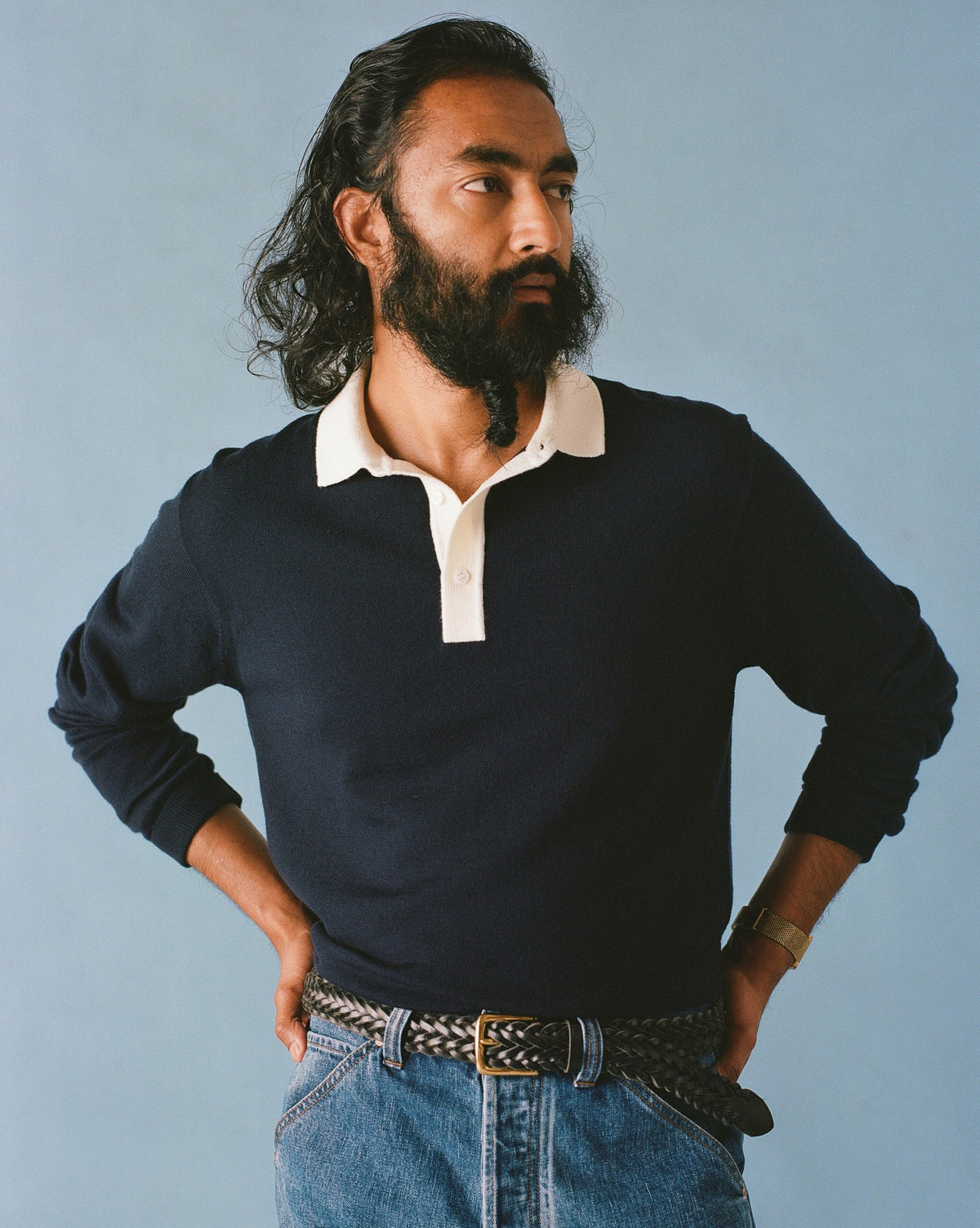 Drake's Navy Merino Wool Knitted Rugby Shirt