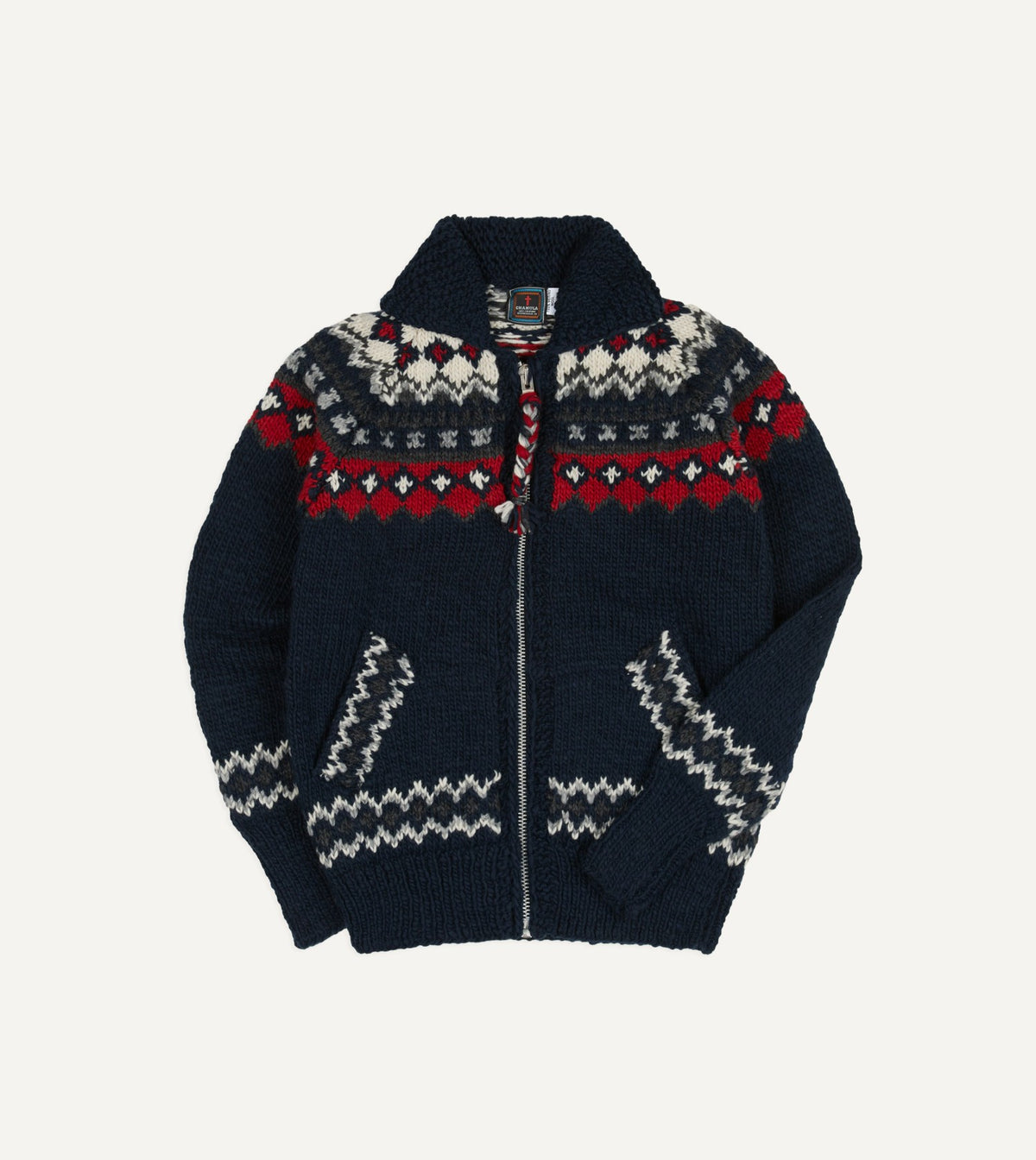 Drake's Chamula Navy and Red Fairisle Shawl Collar Cardigan