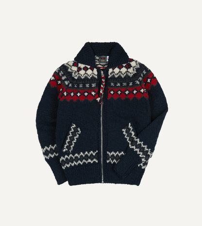 Drake's Chamula Navy and Red Fairisle Shawl Collar Cardigan