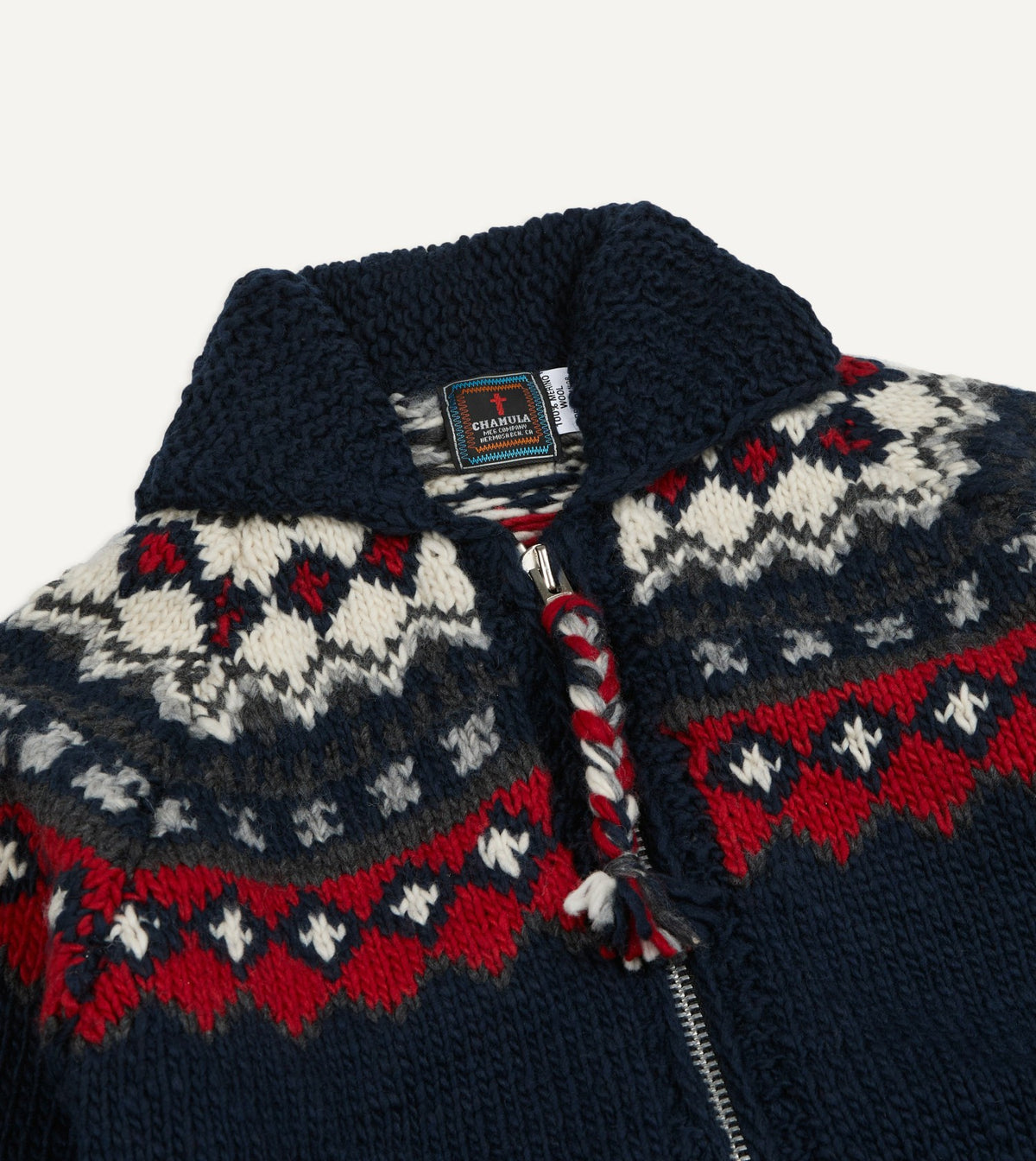Drake's Chamula Navy and Red Fairisle Shawl Collar Cardigan