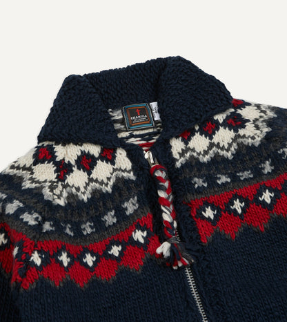 Drake's Chamula Navy and Red Fairisle Shawl Collar Cardigan