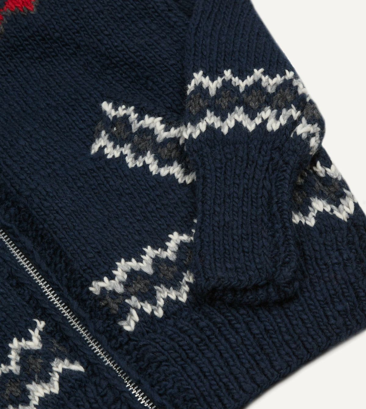Drake's Chamula Navy and Red Fairisle Shawl Collar Cardigan