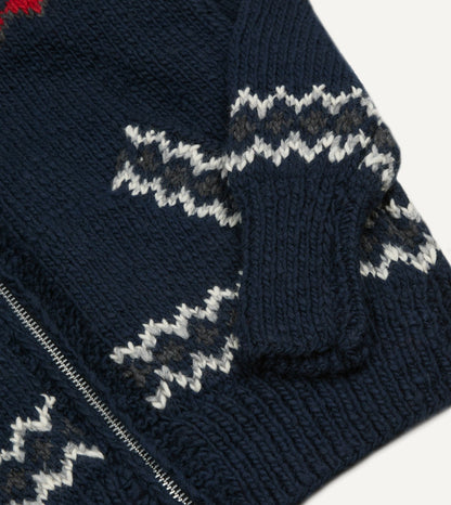 Drake's Chamula Navy and Red Fairisle Shawl Collar Cardigan