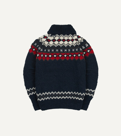 Drake's Chamula Navy and Red Fairisle Shawl Collar Cardigan