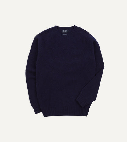 Drake's Navy Brushed Shetland Crew Neck Jumper