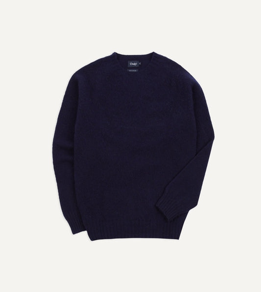 Drake's Navy Brushed Shetland Crew Neck Jumper