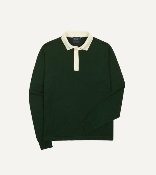Drake's Green Merino Wool Knitted Rugby Shirt