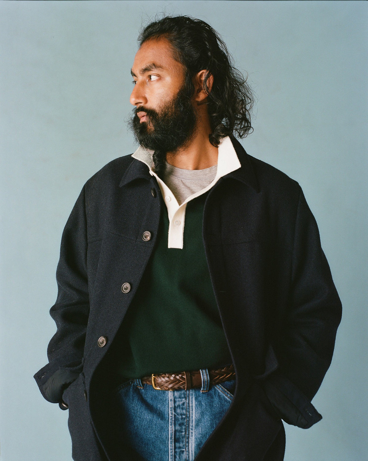 Drake's Green Merino Wool Knitted Rugby Shirt