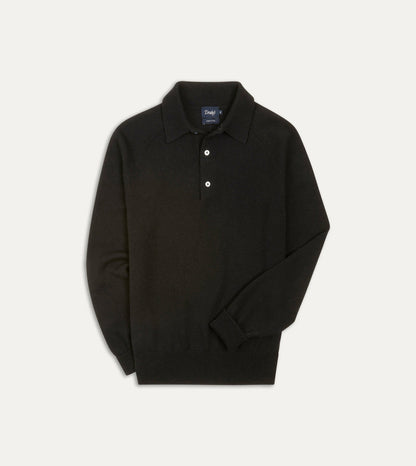 Drake's Black Merino Wool Knitted Polo