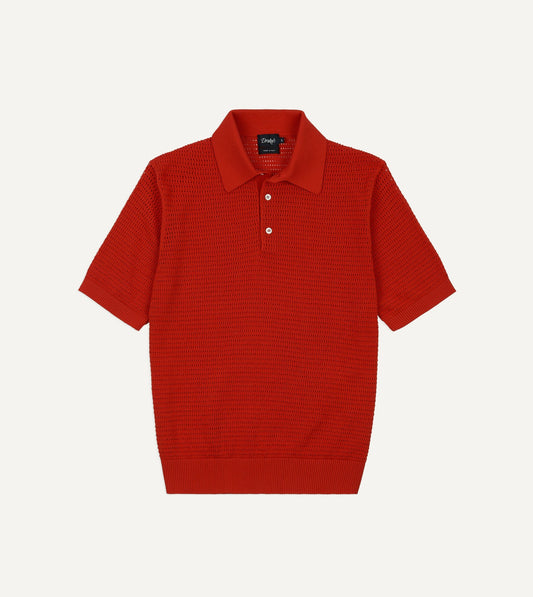 Drake's Red Waffle Knit Cotton Short-Sleeve Polo Shirt