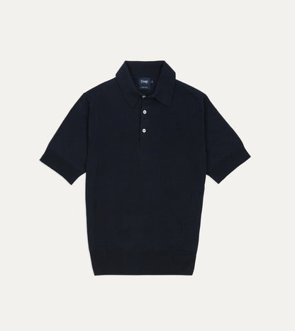 Drake's Navy Knitted Linen-Cotton Short-Sleeve Polo Shirt