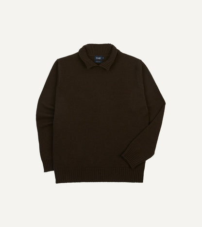 Drake's Brown Alpaca Lambswool Ribbed Integral Collar Jumper