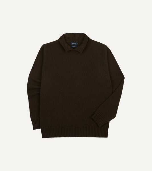 Drake's Brown Alpaca Lambswool Ribbed Integral Collar Jumper