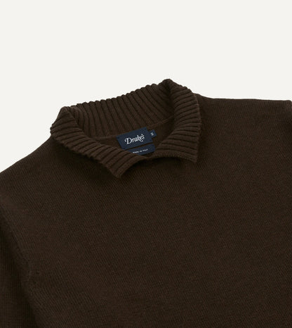 Drake's Brown Alpaca Lambswool Ribbed Integral Collar Jumper