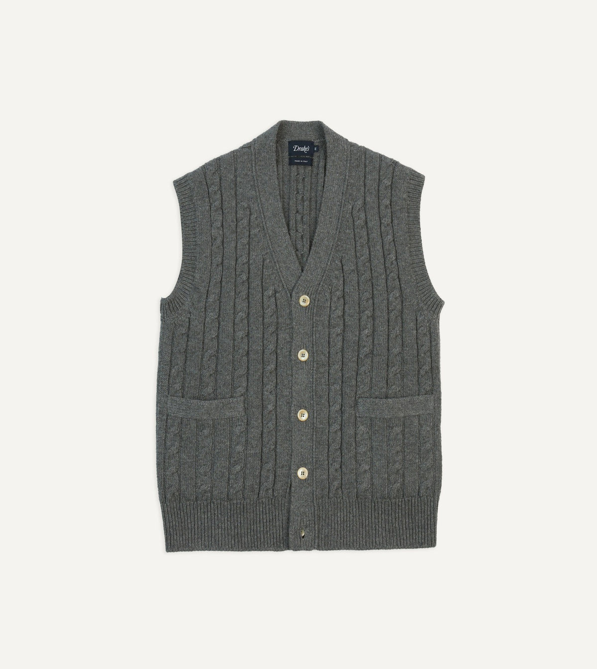 Drake's Grey Alpaca Lambswool Cable Knit Sleeveless Cardigan