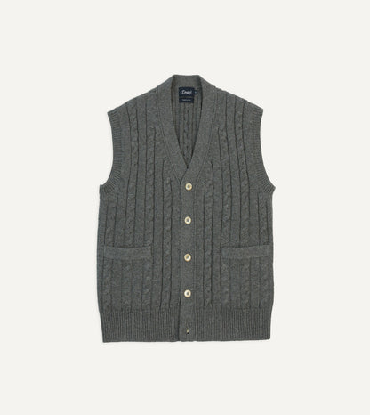 Drake's Grey Alpaca Lambswool Cable Knit Sleeveless Cardigan