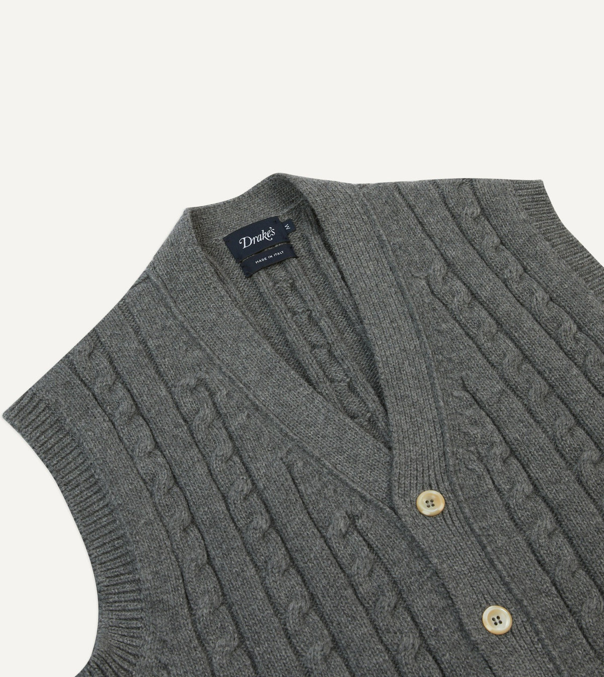 Drake's Grey Alpaca Lambswool Cable Knit Sleeveless Cardigan