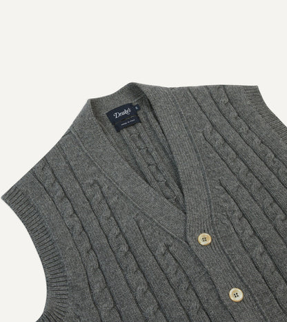 Drake's Grey Alpaca Lambswool Cable Knit Sleeveless Cardigan