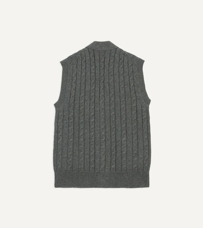 Drake's Grey Alpaca Lambswool Cable Knit Sleeveless Cardigan