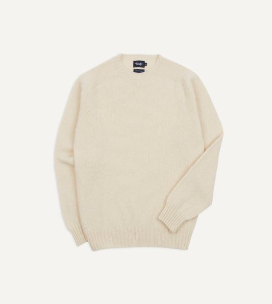Drake's Ecru Brushed Shetland Crew Neck Jumper