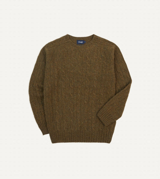 Drake's Olive Brushed Cable Knit Shetland Crew Neck Jumper