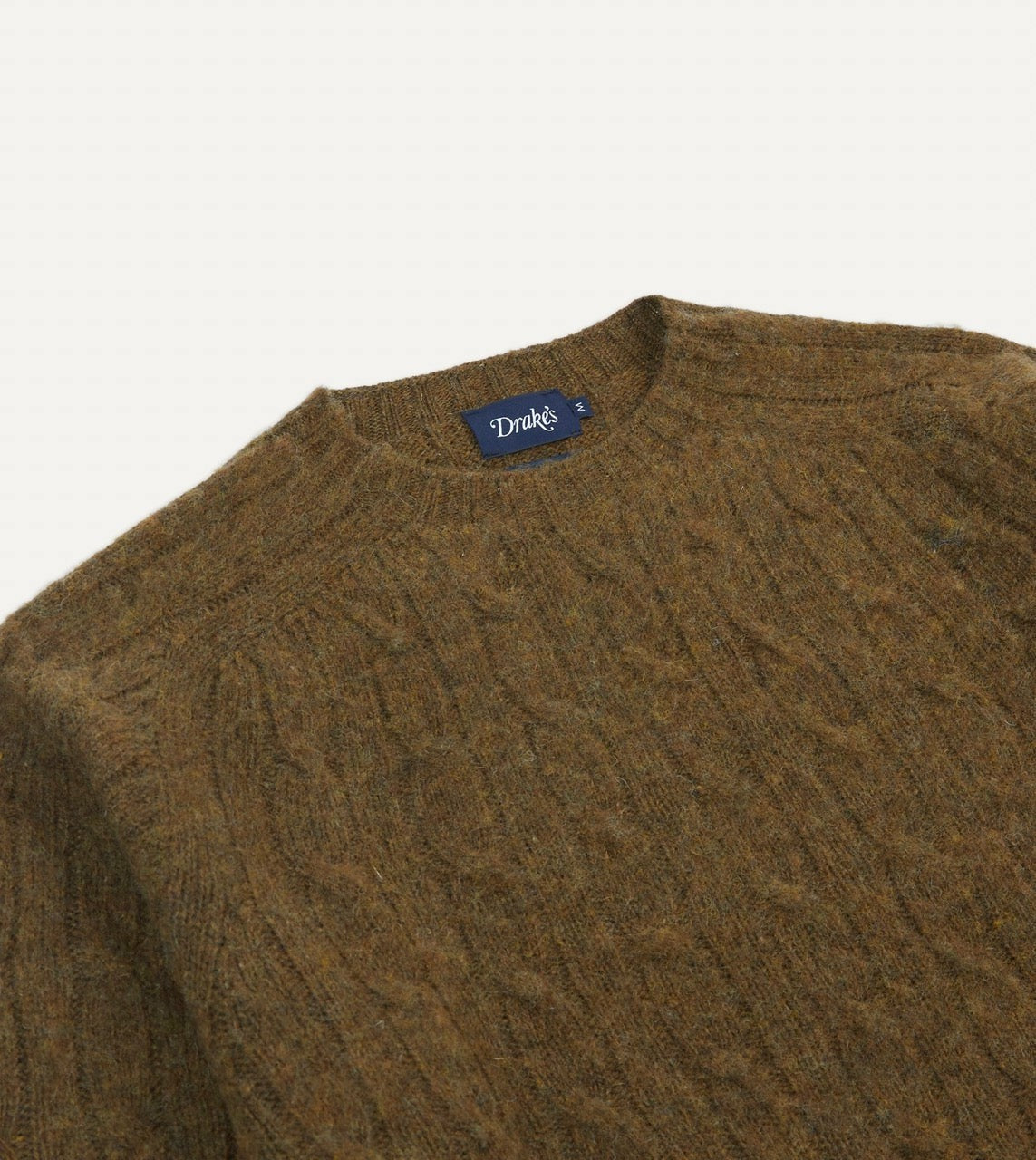 Drake's Olive Brushed Cable Knit Shetland Crew Neck Jumper