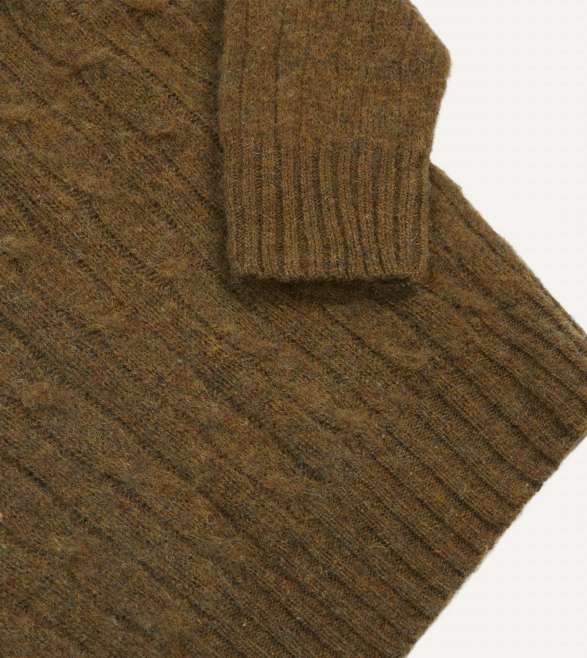 Drake's Olive Brushed Cable Knit Shetland Crew Neck Jumper