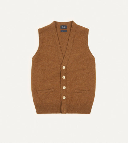 Drake's Light Brown Lambswool Sleeveless Cardigan