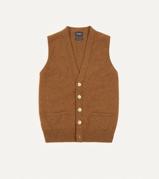 Drake's Light Brown Lambswool Sleeveless Cardigan