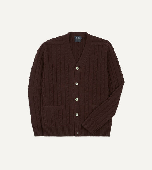 Drake's Brown Lambswool 6 Button Cable Knit Cardigan