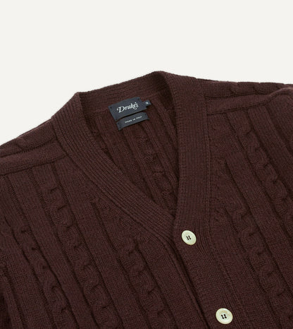 Drake's Brown Lambswool 6 Button Cable Knit Cardigan