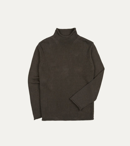 Drake's Brown Linen-Cotton Mock Neck Jumper