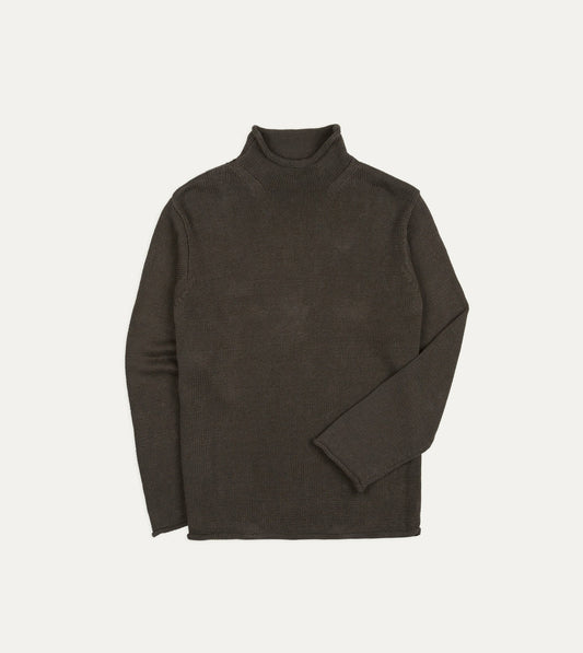 Drake's Brown Linen-Cotton Mock Neck Jumper