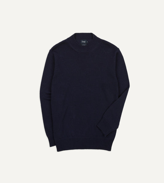 Drake's Navy Cotton Mock Neck Jumper