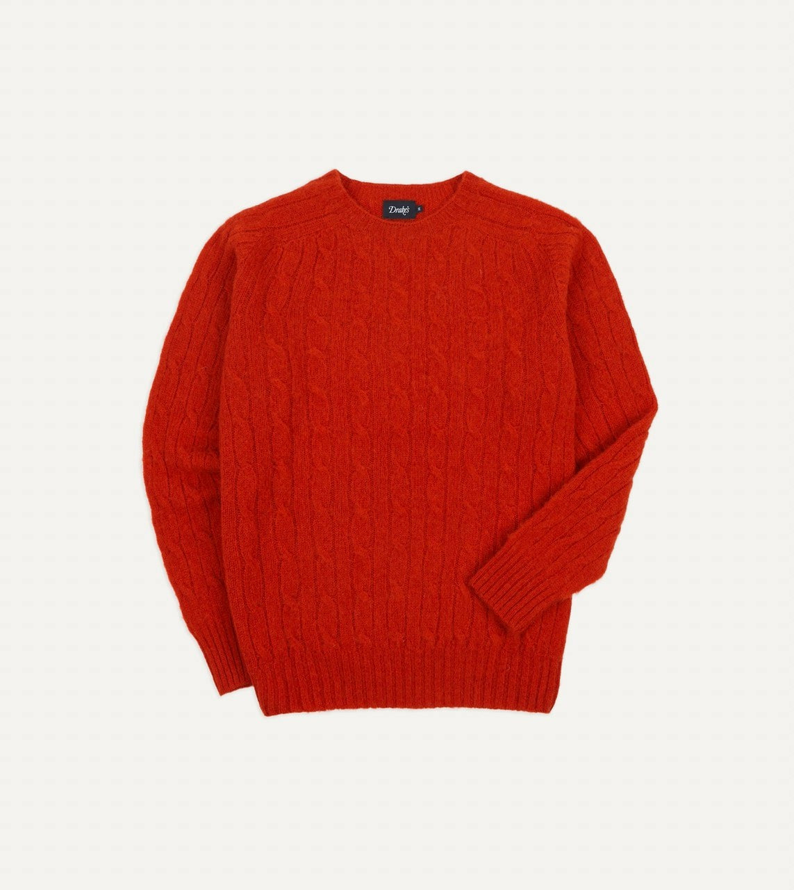 Drake's Red Brushed Cable Knit Shetland Crew Neck Jumper
