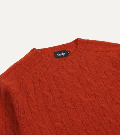 Drake's Red Brushed Cable Knit Shetland Crew Neck Jumper