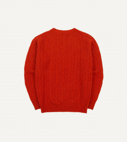 Drake's Red Brushed Cable Knit Shetland Crew Neck Jumper