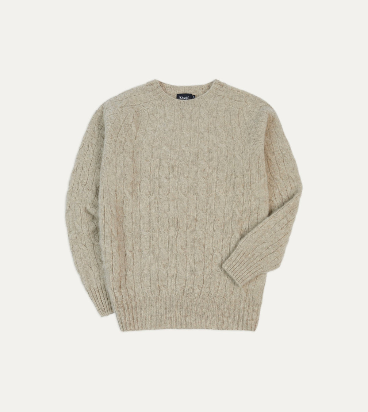 Drake's Putty Brushed Cable Knit Shetland Crew Neck Jumper