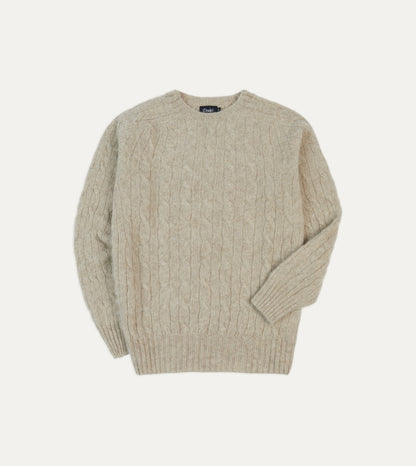 Drake's Putty Brushed Cable Knit Shetland Crew Neck Jumper