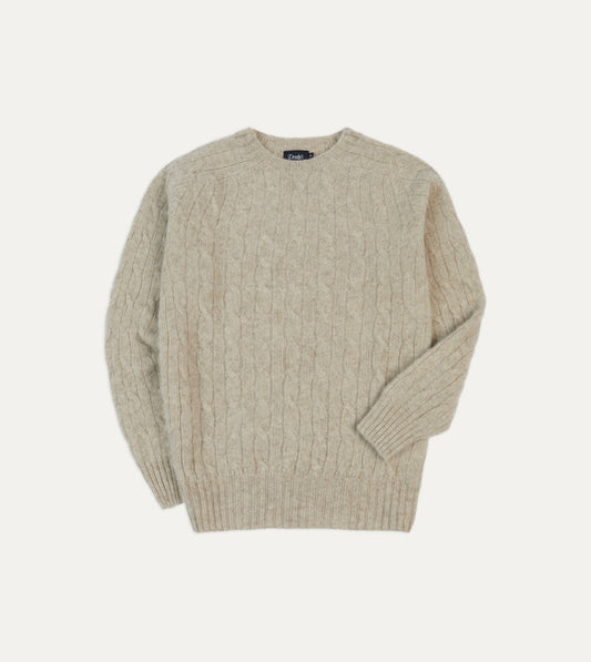 Drake's Putty Brushed Cable Knit Shetland Crew Neck Jumper